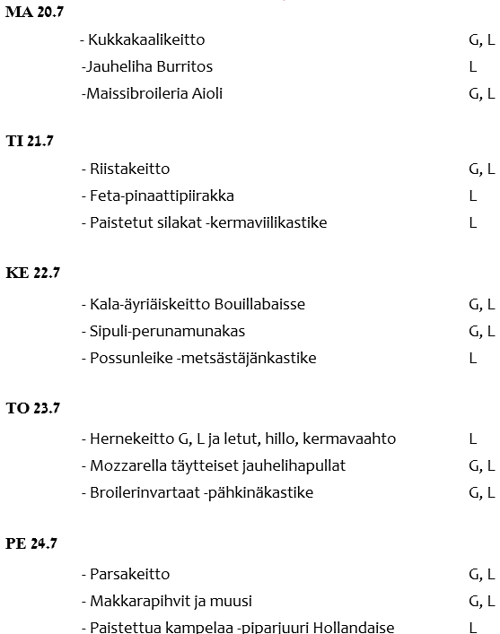 Luettelo ruokalajeista ja niiden merkinnöistä, kuten kanakeitto, katkarapukeitto, artiskokkakeitto ja guacamole.