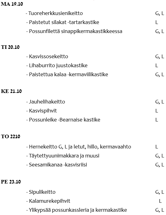 Luettelo ruokalajeista ja annoskoodeista, kuten lohikeitto, aurajuustokeitto, uunikala ja lasagne.